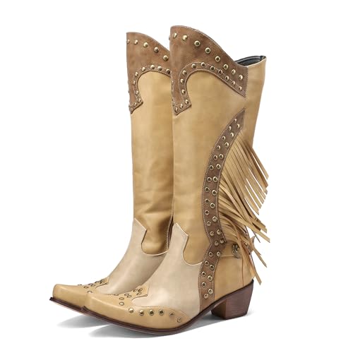 Women's Western Fringe Cowboy Boots for Women Knee High Pointed Toe Studded Fashion Cowgirl Boots for Girls with Zipper3