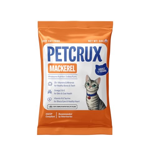 Petcrux Dry Adult Cat Food, Mackerel Fish Flavor, with Omega 3 & 6 and Taurine, Complete & Balanced Nutrition for Adult Cats, Trial Pack 50 g