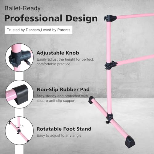 4FT Freestanding Ballet Barre,Adjustable Height 6.7–46\", Portable Double Dance Bar for Home Ballet Training,Stretching, Pilates,Kids & Adults – Non-Slip, Easy Assembly & Storage (Pink + Steel)