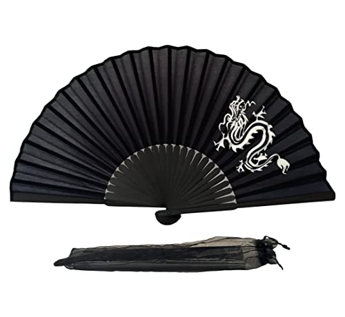 FANSOF.FANS Black Silk Fabric Folding Hand Held Fan with a