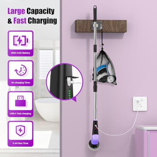 YKYI Electric Spin Scrubber,Cordless Electric Cleaning Brush,Shower Scrubber 2 Speeds,8 Brush Heads,IPX7 Waterproof,Adjustable Long Handle for Bathroom,Purple - Image 7