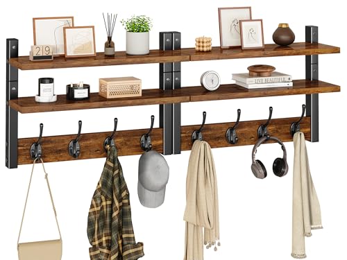 YMYNY Perchero Pared con 2 Estante, Percheros Pared con 8 Ganchos Dobles, Perchero Madera Pared para Entrada y Dormitorio para colgar Abrigos, Bufandas, Carteras y Más, Marrón Rústico, HWS009H-2