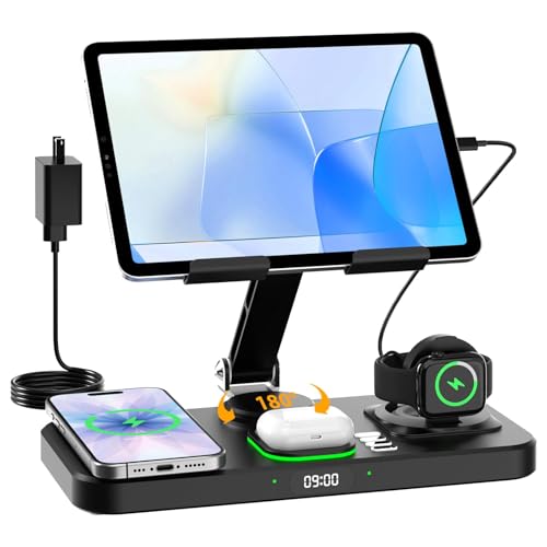 30W Charging Station for Apple Products, Foldable Wireless Charger with Clock Display&7 Color Light, Wired Charging for iPad/Tablet Charging Station for iPhone17, for Apple Watch11 for AirPods4(Black