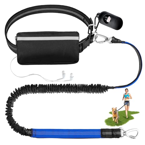 Hands Free Dog Leash with Zipper Pouch, Adjustable Waist Leash for Dog Walking, Dual Soft Handle & Retractable Bungee & Reflective Design, Ideal for Medium to Large Dogs, Perfect for Walking, Running