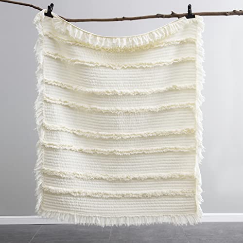 Ultra Soft Pre-Washed Quilted Throw Blanket, Ruffle Fringed Cream Boho Decorative Throw, Stone Washed Chic Rustic Blanket For Sofa Couch Bed Chair, 50"X 60" #TOP5