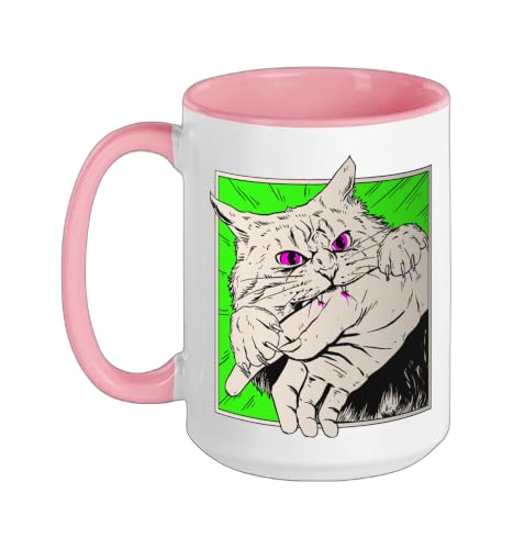Cat Bite Anime Manga Meme 3D Frame - Japanese Comic Art Ceramic Mug, Pink/White, 15oz