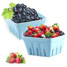 ELLDOO Set of 2 Ceramic Berry Basket, Square Kitchen Fruit Bowl With Holes, 5.7inch Colander Cute Bowl for Strawberry Berries Grape Cherry Veggies, Blue