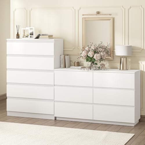 Merryluk 11 Drawer White Dresser Set of 2,Tallboy Chest of Drawers for Bedroom,Closet,or Hallway,Modern Wooden Storage Dresser for Clothes & Home Organization