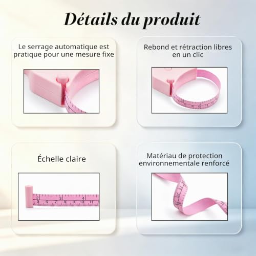 WINTAPE Mètre ruban pour le corps - 150 cm (60"), utilisation à une main, design compact et ergonomique - Permet de perdre du poids et de tonifier les muscles (rose) – vue 3