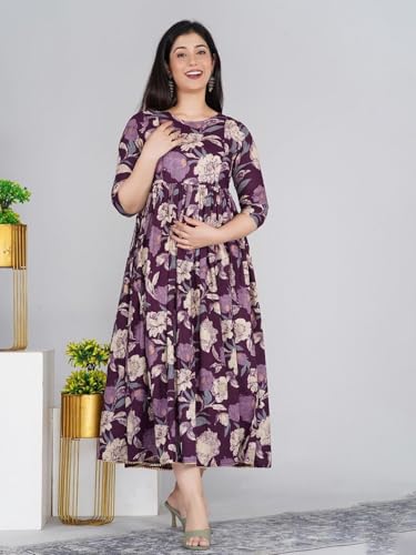 Image of Women's Maternity Feeding Dresses for Women, Easy Breastfeeding Dress, Cotton Blend Anarkali Dress with Nursing Zip for Pre & Post Pregnancy
