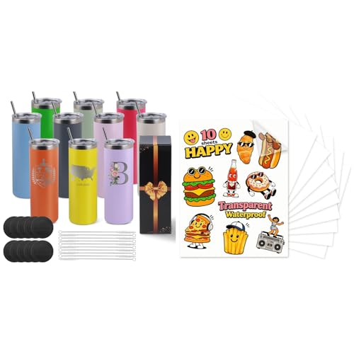 Joyclub Bundle of 10 Pack 20oz Tumblers Bulk Laser Engraving Tumbler and 10 Sheets 8.5x11 Sublimation Sticker Paper