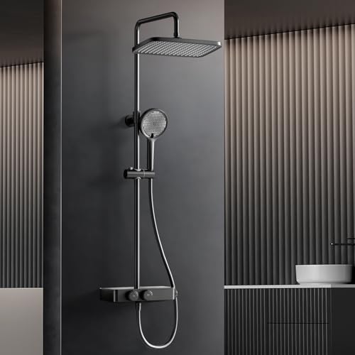 HANLIAN Sistema de ducha con termostato, grifo de ducha completo con bloqueo de seguridad, ducha de lluvia con grifo, juego de ducha de lluvia con barra de ducha elevable (estilo L38, negro mate)