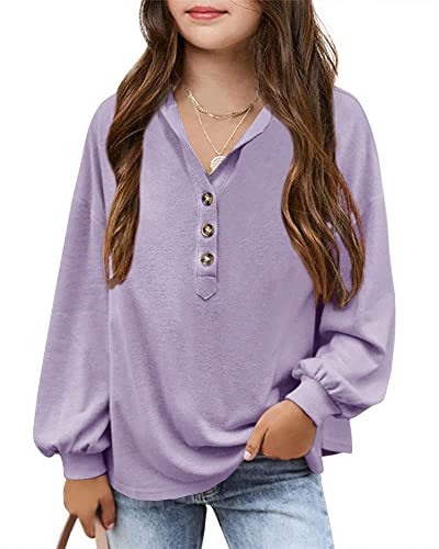 Imily Bela Girls Long Sleeve Shirt Casual V Neck Button Up Hoodies Pullover Sweatshirts Tunic Tops Purple