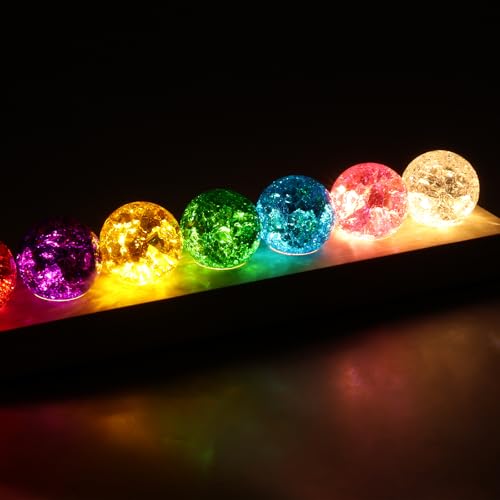 TNTGMG 40mm 7 Farben Kristallkugeln,Meditation Ice Cracked Ball mit hölzernen Basis, 31×6×6,5 cm,360°-Drehung Heilung Sphere Dekoration Kugeln für Haus Wohnzimmer Nachtlicht Ornamente Geschenke