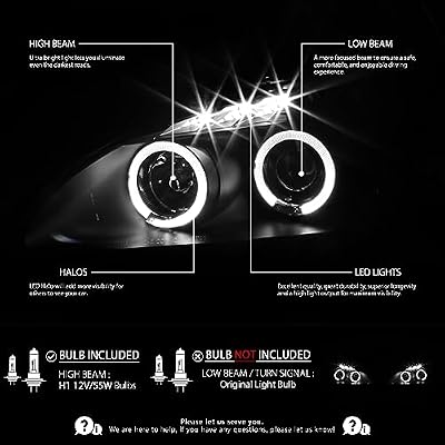 Autozensation Compatible with 2000-2003 Honda S2000 AP1, Left + Right Pair Headlamps Assembly, Halo + LED Projector Headlights Black
