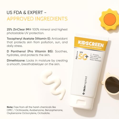 Image of SkinInspired Kidscreen (2-18 yrs) 100% Mineral Sunscreen for Kids | SPF 50+ PA++++ | Broad Spectrum UVA & UVB Protection | Water & Sweat Resistant | Vitamin E & Pro Vitamin B5 | Non-Greasy | 50GM