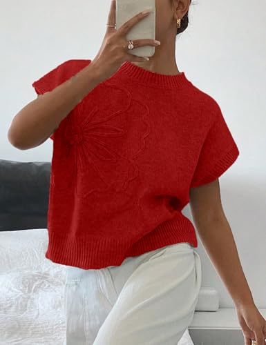 Image of 2026 Womens Floral Sweater Vest Cute Cap Sleeve Tops 3D Flower Decor Knit Tank Top Loose Spring Fall Summer Clothes