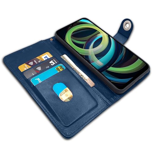 Image of Pikkme Flip Cover Leather Finish | Inside TPU with Card Pockets | Wallet Stand and Shock Proof | Complete Protection Button Flip Case for Redmi A3 (2024) / Redmi A3x / Poco C61(Blue)