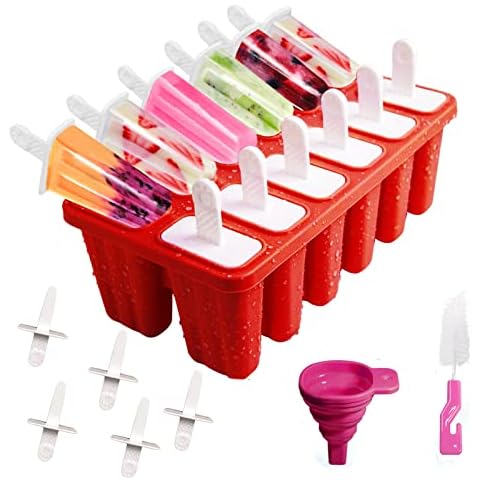 Popsicles Molds 12 Cavities Bpa Free Silicone Popsicle Molds, Reusable Popcicale Mold Silicone for Kids, Ice Pop Molds Silicone Popsicle Maker Homemade Ice Cream Mold (Red) Cover