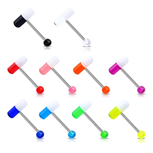 Melighting 10Pcs Pill Tongue Rings 14G Surgical Steel Tongue Piercing with Mix-Color Uv Shaped Tongue Ring with Ball Tongue Piercing Jewelry for Women Men Set