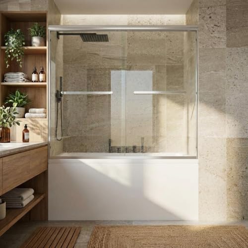Image of 56-60 inch W x 59 inch H Framed Double Sliding Tub Shower Door, 1 /4 inch (6mm) Tempered Glass with Safety Film, Bypass Bathtub Door for Bathroom Remodel, Brushed Nickel