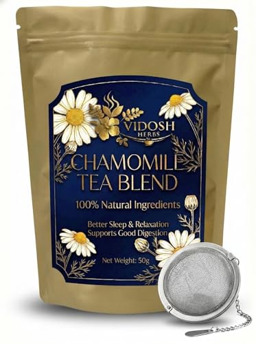 Vidosh Herbs Chamomile Lemongrass Tea with Free Tea infuser– For Sleep & Stress Relief | Caffeine Free | Supports Weight Loss | 100% Natural Chamomile and Lemongrass Loose Flowers (50g)