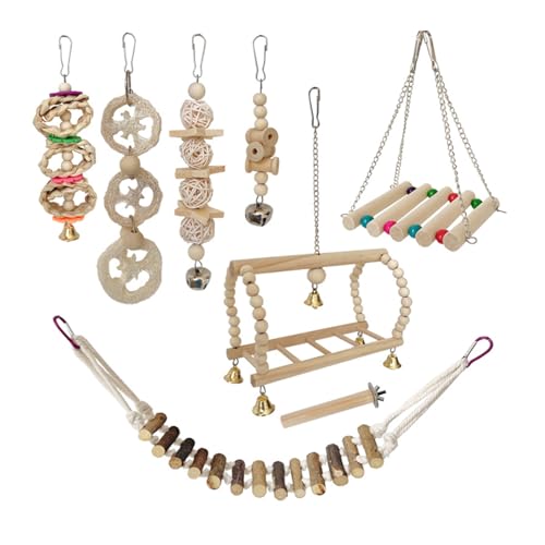 Todos los tamaños pájaro bucles columpio juguete jaula de pájaros masticar escalada juguetes cacatúas rasgar juguete madera natural compromiso juguete 8PCS