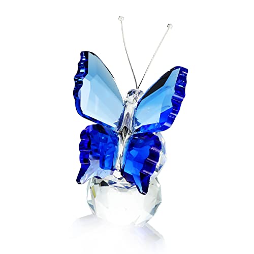 H&D HYALINE & DORA Hermosa Mariposa al Vuelo de Cristal con Base de Bola de Cristal, figurita para colección, Adorno de Animal Coleccionable para Regalo, Madera, Azul