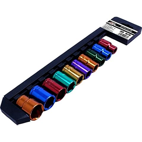 Multi Coloured Socket Set 1/2" Deep 10 Piece Set with Storage Rack Cover