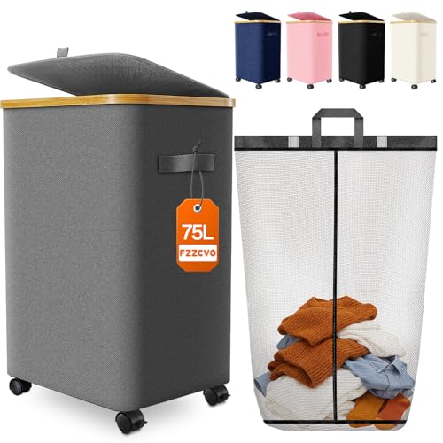 Image of Laundry Hamper with Wheels, 75L Large Clothes Hamper with Removable Inner Bag, Collapsible Dirty Clothes Basket for Dorm, Rolling Dirty Clothes Basket for, Bedroom, Bathroom, Laundry Room
