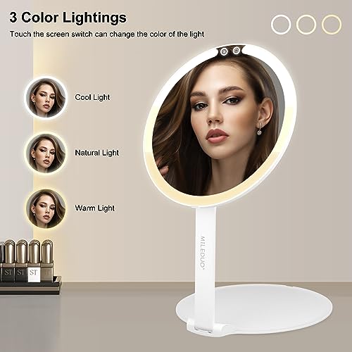 Mileduo Travel Makeup Mirror With Lights, 8" Foldable Vanity Mirror With 15X Magnification Pocket Mirror,46 Led Dimmable Make Up Mirror Portable Rechargeable Makeup Mirror,3 Colors Light #TOP2