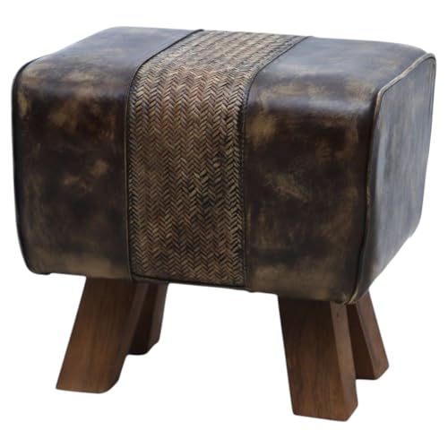 Image of Vintage Patchwork Leather Footstool – Pommel Horse Inspired Design Stool with Multi-Coloured Upholstery, Solid Wood Legs for Living Room, Bedroom, Office, or Home Décor (Rectangular Vintage Brown)