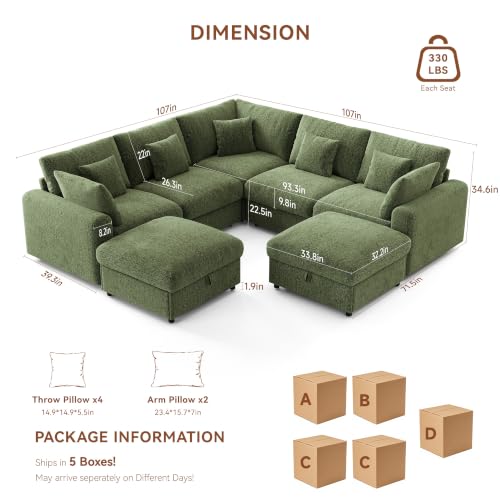 Image of Ihanherry Oversized Cloud Sectional Couches for Living Room, Modular Sectional Sofa with Wide Deep Seat, Coner Couch with Throw Pillow and Storage Ottoman, Green