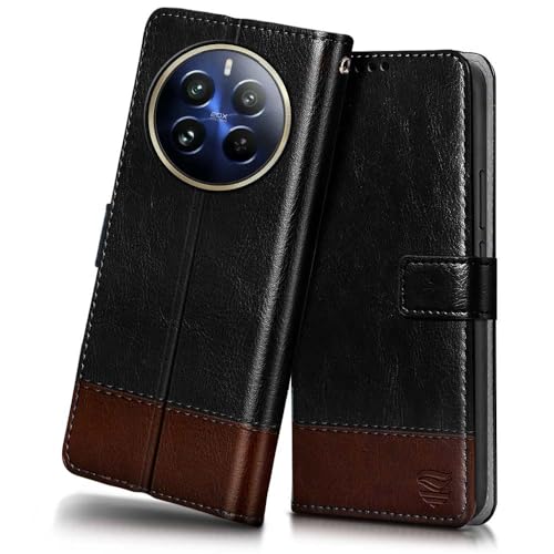 Image of Flipped Vegan Leather Flip Case Back Cover for Realme 12 Pro 5G | Realme 12 Pro Plus 5G (Flexible, Shock Proof | Hand Stitched Leather Finish | Card Pockets Wallet & Stand | Black with Brown)