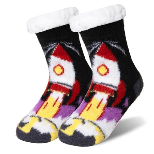 AMENLAN Kids Boys Fuzzy Slipper Socks Winter Soft Warm Thick Fleece Lined Plush Children Non Slip Home Socks (Black#01, 8-12 Years)
