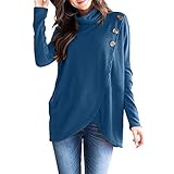 VEMOW Damen Rollkragenpullover Solide Langarm Unregelmäßig Warm Kabel Gestrickt Lose Button Wrap Asymmetrischer Hem Button Sweatshirt Bluse Tops Bluse Shirt(Blau, 36 DE/S CN)