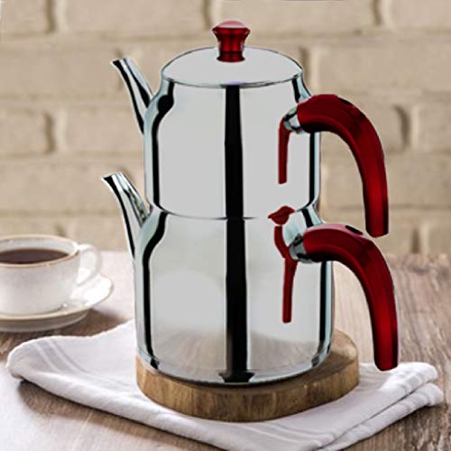 Turkish Tea Pots Set for Stove Top, Stainless Steel Double Teapot Set with Red Bakalite Handle, Samovar Style Self-Strained Tea Kettle, Total Capacity of 2.1 qt (Mini)