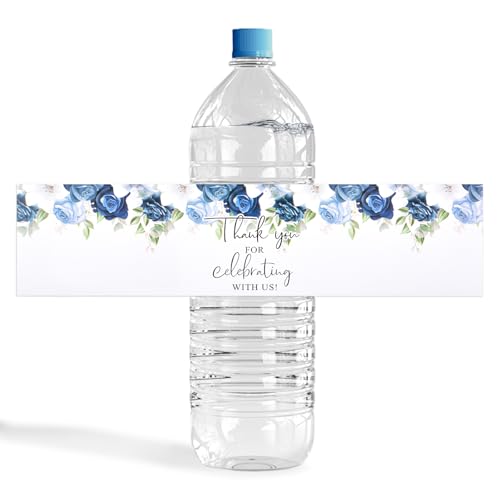 URROMA Wedding Water Bottle Labels, 50 Pcs Thank You White and Blue Rose Water Bottle Wraps Stickers for Birthday Baby Shower