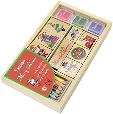 Sewroro Christmas Wooden Rubber Stamps with Ink Pad Colored Pencil Holiday Square Craft Stamp for Stamping Scrapbooking Crafting Booking Card Making Supplies
