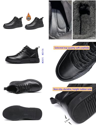 Men's Black High-top Casual Leather Boots,Round Toe Non-slip Shock-absorbing Side Zip Business Height Ankle Sneakers2