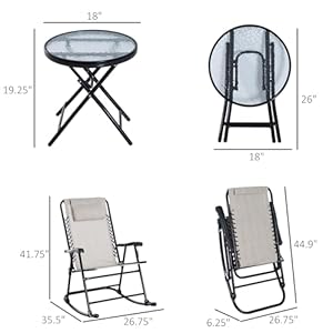 Outsunny 3 Piece Outdoor Rocking Chair Set Patio Folding Lawn Rocker Set with Glass Coffee Table Headrests for Yard Patio Deck Backyard Cream White