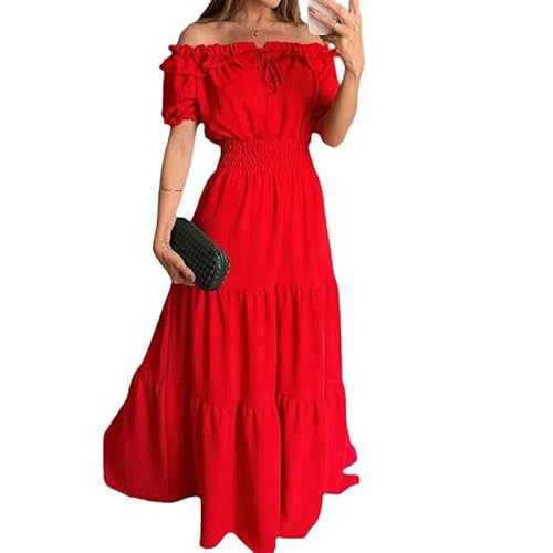 Retro Fashion Solid Color Lotus Lace-up Leaf Edge Tube Top Bubble Sleeve Pendulum Dress Daily Reception, Party (red,Medium)