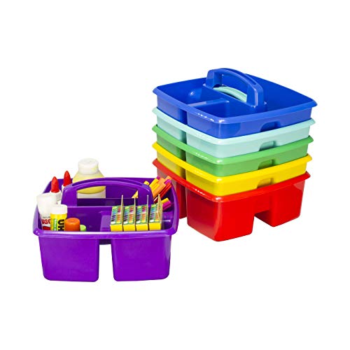 Image of Storex 3-Compartment Small Caddy - Multipurpose Classroom Organizer with Handle, Assorted STEAM Colors, 6-Pack (00940A06C)