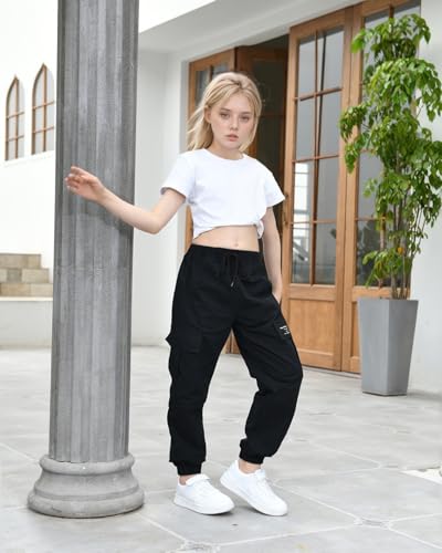 Image of Girls Cargo Pants Drawstring Elastic Waist Loose Tapered Jogger Pants with Pockets, Black, 14-16 Years = Tag 180