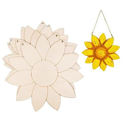 4 Pack Unfinished Wood Sunflower Cutout Wood Sunflower Door Hangers Decoration Unpainted Wood Decorative Signs DIY Craft Supplies for Spring Summer Home Decoration, 12 Inch Cover