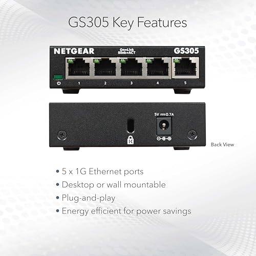 Image of NETGEAR 5-Port Gigabit Ethernet Unmanaged Essentials Switch (GS305) - Home Network Hub, Office Ethernet Splitter, Plug-and-Play, Silent Operation, Desktop or Wall Mount