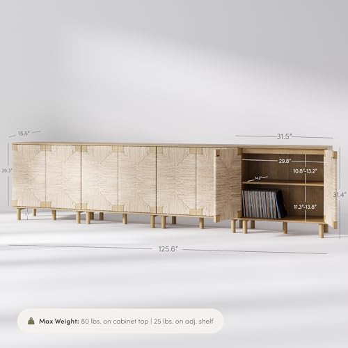 Image of Nathan James Beacon Accent Natural Sideboard Storage Cabinet TV Stand in Light Wood with Adjustable Interior Shelf and Seagrass Doors, for Hallway, Entryway or Dining Room, Light Brown, Set of 4