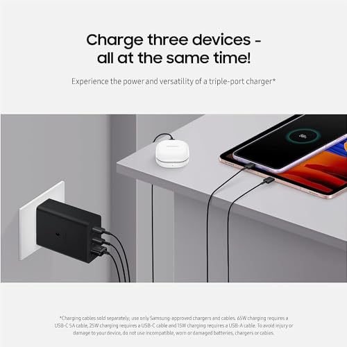 Image of Samsung 3-Port Super Fast Wall Charger 1x USB-C 65W, 1x USB-C 25W, 1x USB-A 25W, Max Capacity 65W with Charging 2.0 Speed Samsung S24 /S23 / S23 Ultra /S23 Fe /S22,S21 Fe 5G /Z Fold5 /4 /3, Flip5 /4 /3, Black