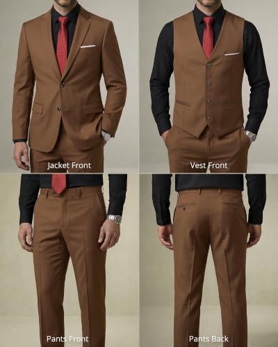 Image of YND Men's 3 Piece Suit with Tie, Solid Color Slim Fit Jacket Vest and Pants