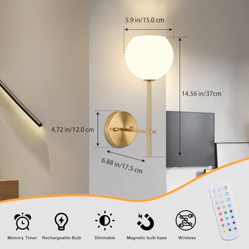 Image of Gold Battery Operated Wall Sconces Set of 2, Rechargeable Wireless Wall Lights with Milky White Frosted Glass Shade, 12 RGB and 3CCT Dimmable, Wall Lamps with Remote for Bedroom Living Room Hallway